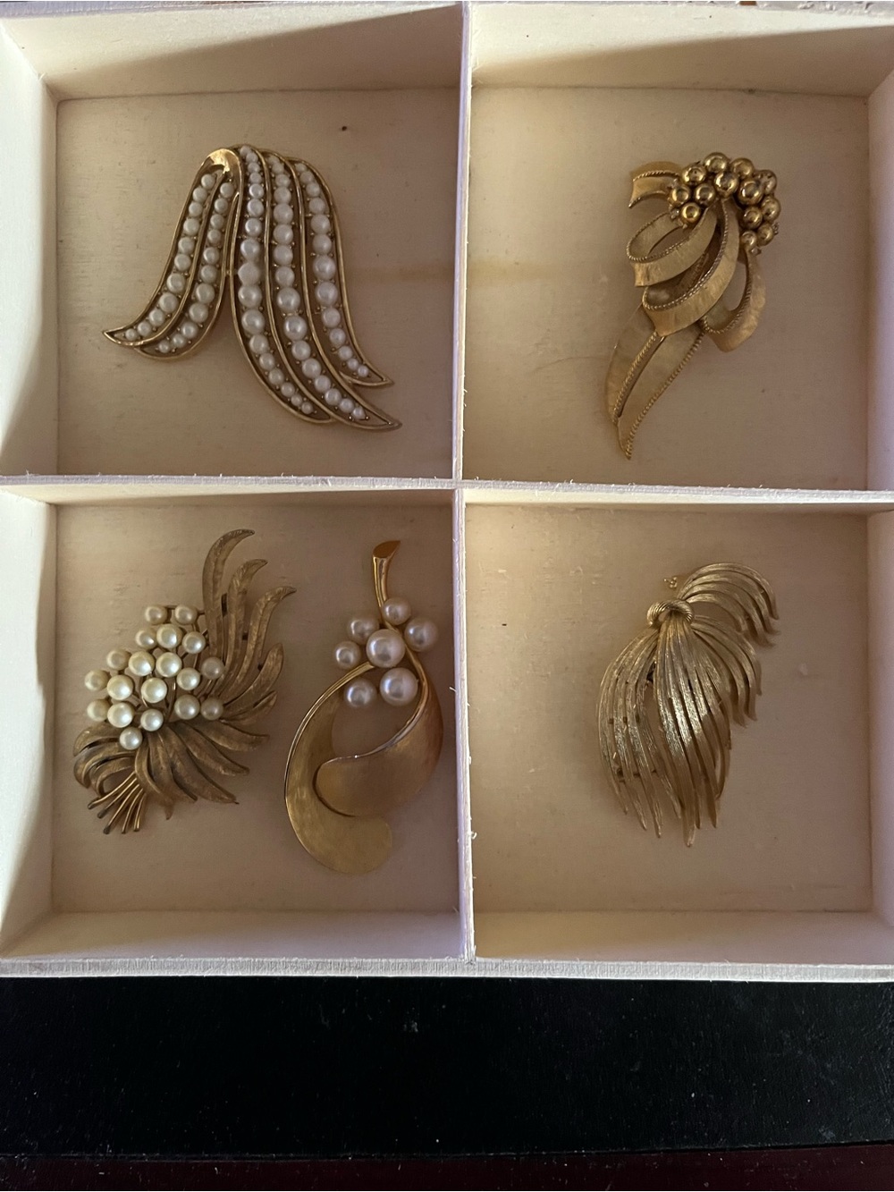 Trifari Gold-Tone Faux Pearl Brooch Set - Gold and White Accents